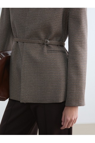 Lcw Studıo Kahverengi Kemerli Ekose Kadın Blazer Ceket