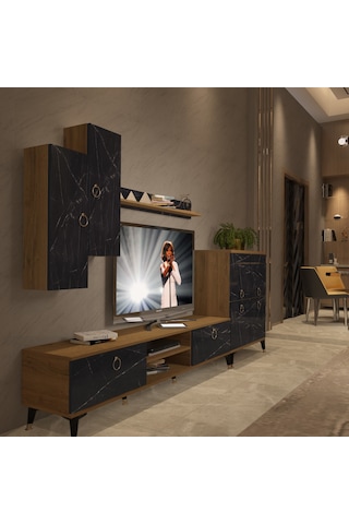 Decoraktiv Eko 6 Mdf Dvd Gold Tv Ünitesi Tv Sehpası - Pera Siyah Mermer Safir Meşe - Royal Mermer
