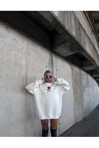 Oversize Üç İplik Bisiklet Yaka Baskılı Sweatshirt - Beyaz Beyaz