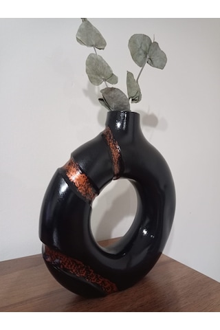 Eclipse Donut Vazo - Siyah Bakır - Minimalist Halka Form Bronz - Siyah