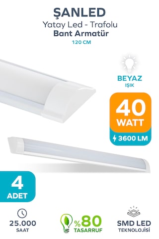 120 Cm 40 Watt Yatay Led Bant Armatür-trafolu Beyaz Işık -4 Adettir