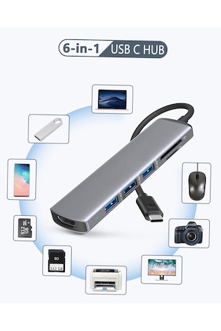 Maiyame Usb C Hub Çoklu Bağlantı Noktası Adaptörü - 4k Hdmı Çıkışlı 6'sı 1 Arada