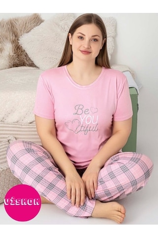 Kadın Bisiklet Yaka Düğmesiz Battal Kesim Viskon Yazlık Kısa Kol Cepli Büyük Beden Pijama Takımı Pudra