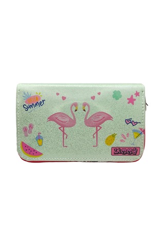 Simli Işıltılı Kuğu Flamingo Kalem Kutusu Vegan Deri Kalemkutu Üç Bölmeli Kalemlik - Pembe
