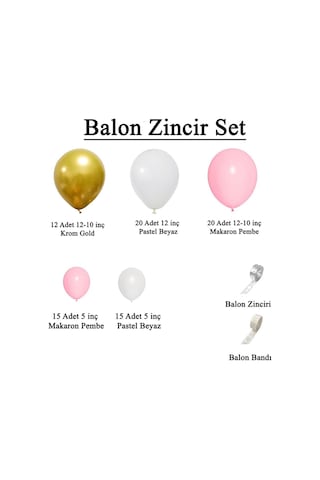 Krom Gold, Pastel Beyaz Ve Makaron Pembe Temalı Balon Seti Pembe