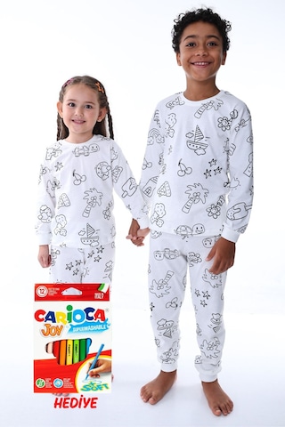 Zuzunga En Sevimli Figürler Özel Kalemi İle Boyanabilir Çocuk Pijama Takımı 12'li Kalem Seti Hediye Beyaz1 Beyaz