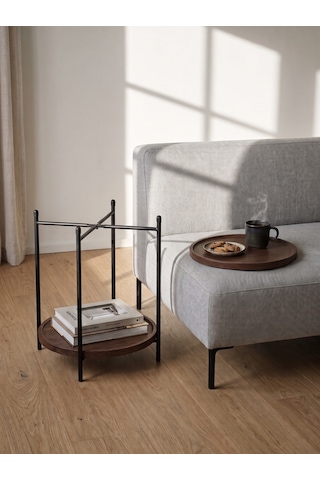 Orbis Masif Ahşap İki Katlı Tepsili Yuvarlak Yan Sehpa - Mat Ceviz 37x52 Cm Diğer