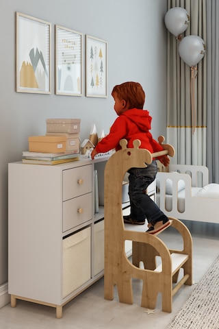 Zürafa Montessori Ahşap Öğrenme Kulesi Safir Meşe - Beyaz