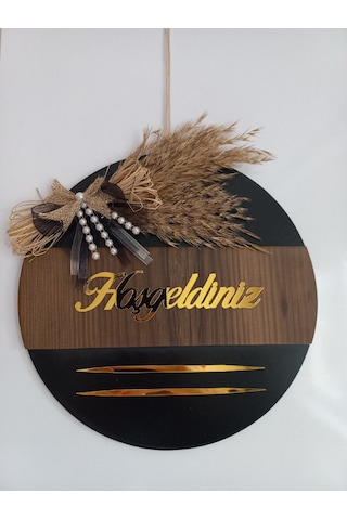 Hoşgeldiniz Yazılı Aynalı Pleksi Ahşap Dekoratif Dış Kapı Süsü Kahverengi