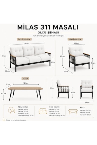 Milas 311 Masalı Bej Bahçe Koltuk Takımı Balkon & Teras İçin Dayanıklı, Kalın Minderli Modern Set Bej