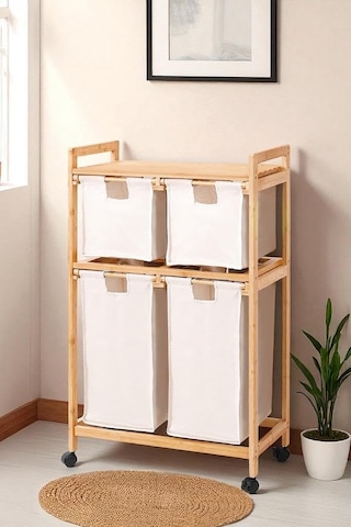 Bambu 4 Bölmeli Kirli Sepetli Çamaşır Sepeti Raflı Banyo Düzenleyici Db-0018 Çok Renkli