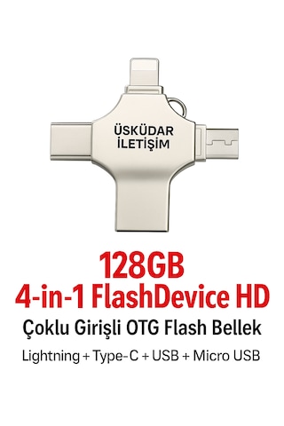 Üsküdar İletişim 128gb 4-in-1 Flashdevicehd Çoklu Girişli Otg Flash Bellek Lightning + Type-c + Usb + Microusb 128 Gb