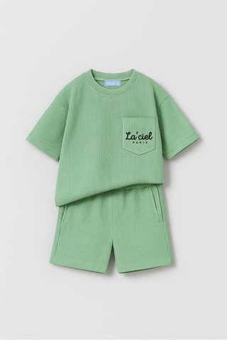 Miniko Kids Laciel Paris Baskılı Gofre Cep Detaylı Şortlu Pamuk Takım Yeşil