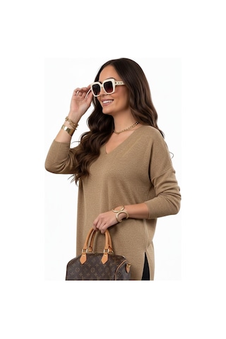 Kadın V Yaka Yaka Simli Kazak 12815 Bgl-st04225 Camel