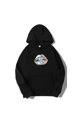 Brz Collection Unisex Oversize Silver Lip Gümüş Dudak Hoodie Siyah Siyah