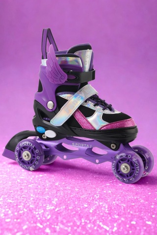 Melek Kanatlı Işıklı Çocuk Pateni Silikon Teker Ayarlanabilir Paten Taşıma Çantalı Mor Mor