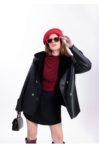 M M Marki Marki Hakiki Deri Kadın Mont Siyah İçi Kürklü Kruvaze Düğmeli Blazer Model 70 Cm - 120522