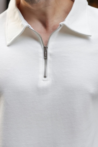 Madmext Ekru Yarım Fermuarlı Polo Yaka Dokulu Erkek Sweatshırt E7197