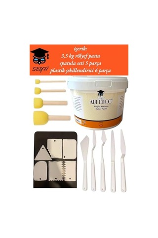 3,5 Kg Artdeco Rölyef Pasta Spatula Seti 5 Parça Plastik Şekillendirici 6 Parça Rölyef Macunu Seti Çok Renkli