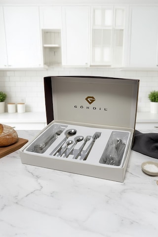 Gökdil Asrin Gold Touch 30 Parça 6 Kişilik 18/10 Paslanmaz Çelik Çatal & Kaşık Takımı Beyaz