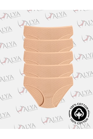 Alya Underwear %100 Pamuklu Kadın Külot Normal Bel Yükseklikli Jakarlı Kalp Desenli Kumaş Slip Ten Rengi