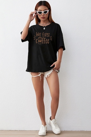 Unisex But First Coffee Tasarım Tshirt Siyah