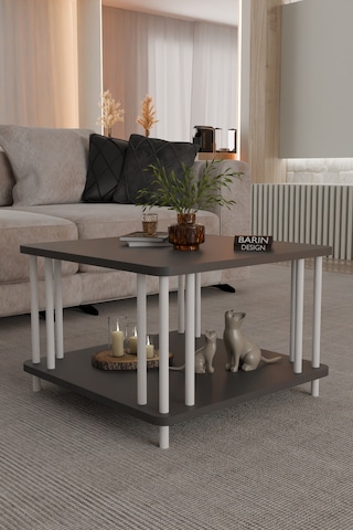 Modern Kare Orta Sehpa Çift Katlı Beyaz Metal Ayaklı Salon, Ofis, Dekoratif Masa Antrasit