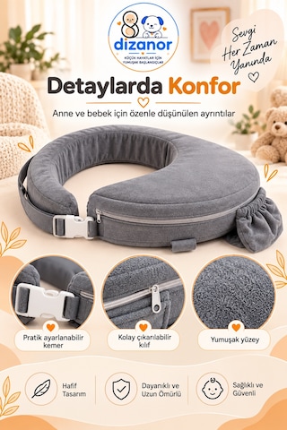 Dizanor Ayarlanabilir Kemerli Çok Amaçlı Emzirme Minderi Fermuarlı Yıkanabilir Kılıf 56x50x11 Cm - Gri