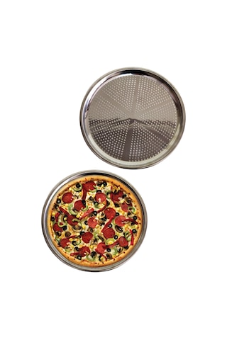 Delikli Çelik Pizza Ve Lahmacun Tepsisi Orta Boy -32 Cm Gümüş