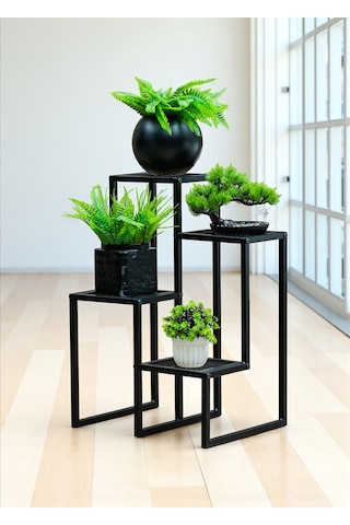Dekoratif Metal 4 Raflı Saksılık Katlı Dikey Saksı Standı Çiçeklik Bahçe Ve Balkon Dekoru Garden Siyah