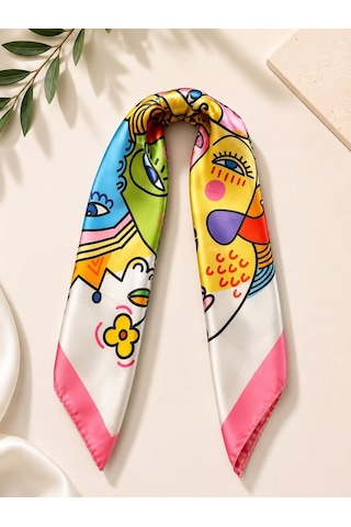 Kumru Studio Renkli Yüz Motifli Bandana Ve Fular Çok Renkli