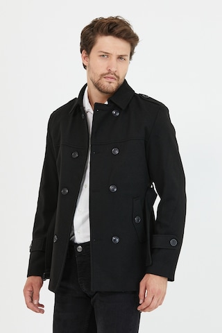 Erkek Siyah Kemerli Kaşe Kaban Trenç Model Siyah