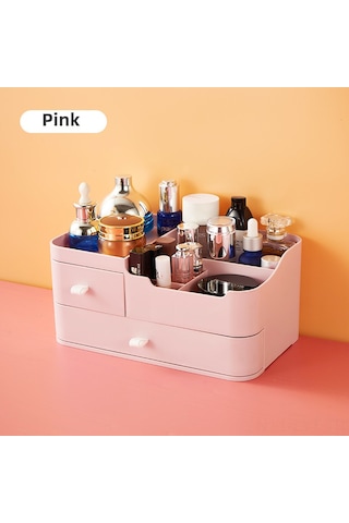 Youtek Masaüstü Makyaj Ve Bakım Ürünleri Depolama Kutusu - Çekmeceli Plastik Organizer - Basit Tasarım - Pembe Pembe