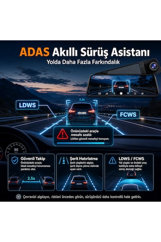 Pasens Araç Dikiz Aynası Dvr 4k Ultra Hd Ön + 1080p Arka Kamera, 10" Ips Dokunmatik Ekran, Wifi & App Kontrolü, Süper Gece Görüş, Bsd