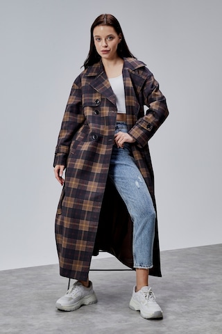 Elora Lacivert Ekose Detaylı Premium Oversize Trençkot 46650 Lacivert-haki