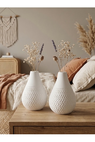 Kaveld Vela 2'li El Yapımı Mermer Tozu Vazo, Armut Form Minimalist Kuru Çiçek Vazоsu Beyaz