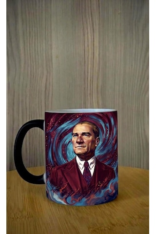 Kişiye Özel Bordo Mavi Renk Tasarımlı Atatürk Görsel Temalı Sihirli Kupa Bardak Bordo - Mavi
