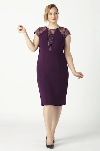 Moda Berray 1279 Kare Baklava Desenli Kısa Büyük Beden Abiye Elbise Mürdüm Mürdüm
