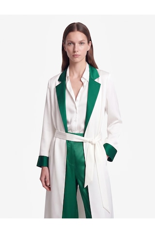 Koton Krep Kumaş Kuşaklı Kontrastlı Uzun Kollu Kimono Beyaz 7wak50087uw