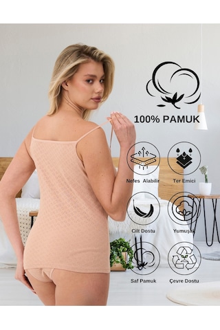 Alya Underwear %100 Pamuk Kumaşlı İp Askılı Kadın Atlet Jakarlı Ribana Kalp İşlemeli 5'li Paket Beyaz Ten Rengi