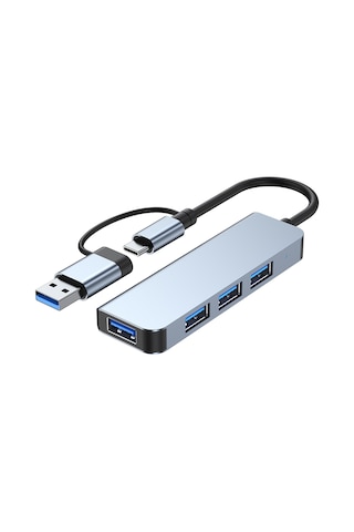 Samdoo Type-c'den Usb'ye Dönüştürücü 4-üçlü Hub: 1 Adet Usb 3.0 5gbps + 3 Adet Usb 2.0, Alüminyum Gövde, Gri Renk