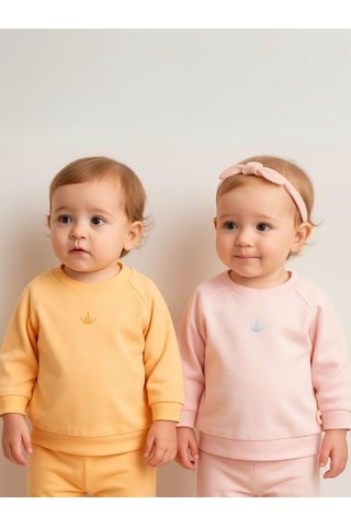 Zekids Kız Bebek 2 Li Organik Basic Pembe Ve Turuncu Sweatshirt Seti-16181 Çok Renkli