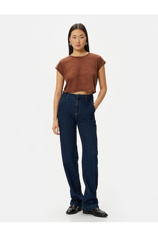 Koton Crop Tişört Kısa Kollu Slim Fit Bisiklet Yaka Kahverengi 4sak50020ek 4SAK50020EK517 Kahve