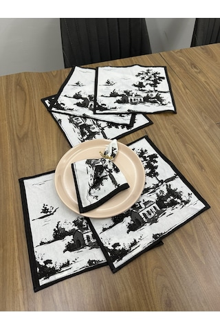 Toile De Jouy Monet Amerikan Servis 6 Lı Set 30x30 Cm %100 Pamuk Dijital Baskılı Country Tarzı Fransız Masa Dekoru - Zt730 Siyah