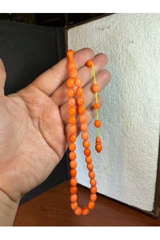 Sıkma Kehribar Tesbih Turuncu Renk Beyzi Kesim 7x10mm T-258