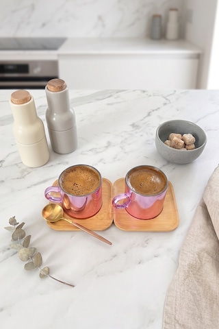4 Parça 2 Kişilik Bambu Altlıklı Metalik Pembe Cam Kahve Fincan Takımı 100 Ml