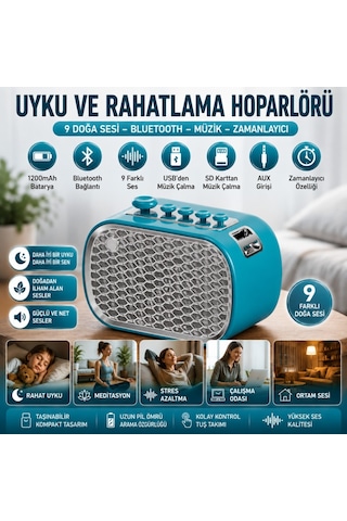 Polham 9 Sesli Uyku Hoparlörü Bluetooth 5.1v, 1200mah Taşınabilir Rahatlama Cihazı Zamanlayıcı, Usb Sd Kart Aux Mavi