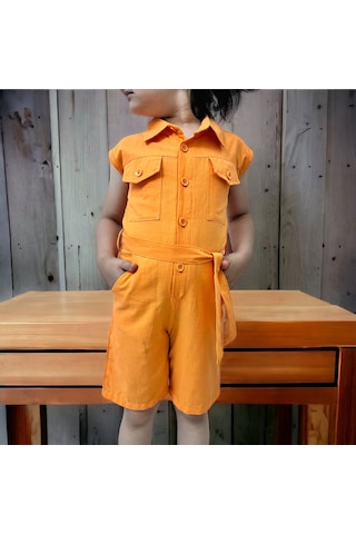 Esterella Düğmeli Cep Detaylı Turuncu Kısa Tulum Turuncu