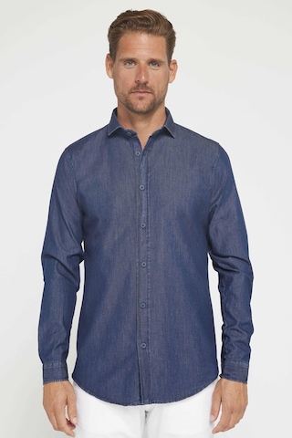 Tudors Slim Fit Uzun Kollu Dar Kesim İtalyan Yaka 4 Mevsim Düz Denim Lacivert Erkek Gömlek-31308-lacivert Lacivert