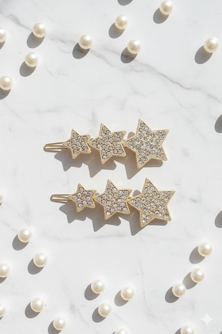 Üçlü Yıldız Şekilli Metal Toka, Metal Klipsli Üçlü Yıldız Toka 2 Adet Altın